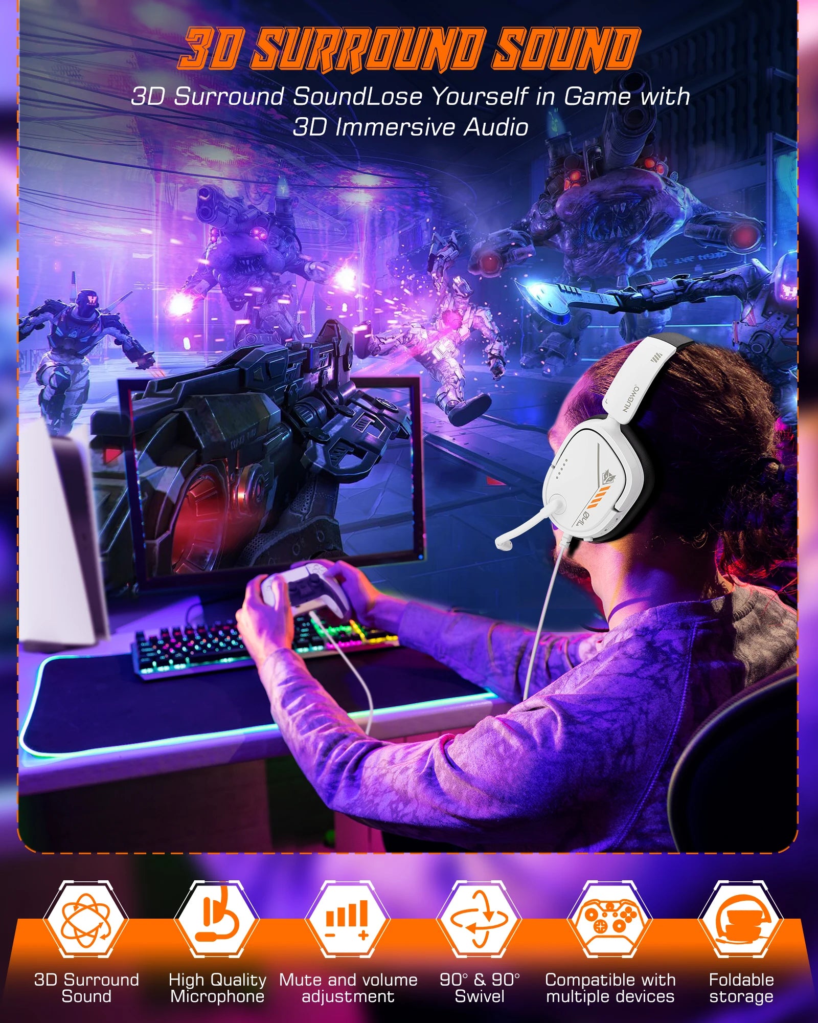 NUBWO HG04L Gaming Headset 3.5mm Jack Clear Unidirectional Mic Soft Memory Earmuffs for PS5/PS4 Xbox Series X|S/Xbox One Switch