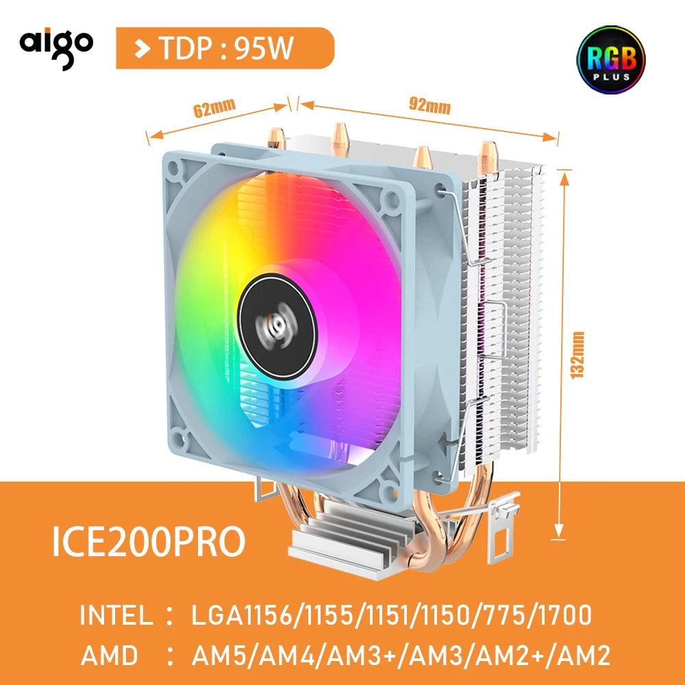 Aigo CPU Cooler 2 4 Heat Pipes PC Radiator Cooling 3PIN PWM Silent Rgb Fan For Intel  1700 1150 1155 1156 1366 AM2/AM3/AM4 AMD
